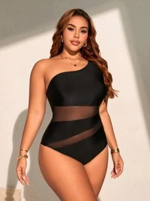 SHEIN Swim Curve Plus Size Women 1pc Solid Color Mesh Splice Asymmetric Tight Fit Swimsuit For Summer Beach Vacation - Black - View 6