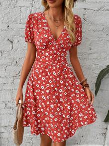 Chiquease Vestido y falda de verano con cuello en V y estampado floral diminuto para mujer, atuendo para vacaciones y playa