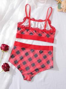 2pcs Casual Comfortable Plaid Bra And Panty Set For Teen Girls - Red - View 2