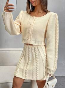 Women's Crew Neck Long Sleeve Simple Top And Skirt Knit Sweater Set Fall Cloth For Women - Khaki - View 5