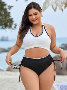 Swim Lushoire Bộ bikini 2 mảnh buộc dây in họa tiết co giãn cao dành cho nữ cỡ lớn, dành cho kỳ nghỉ hè ở bãi biển - Đen và trắng - Xem 4