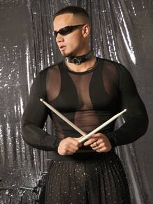 FeverCity Men's Mesh Splice Tight Fit Crew Neck Long Sleeve T-Shirt - Black - View 1