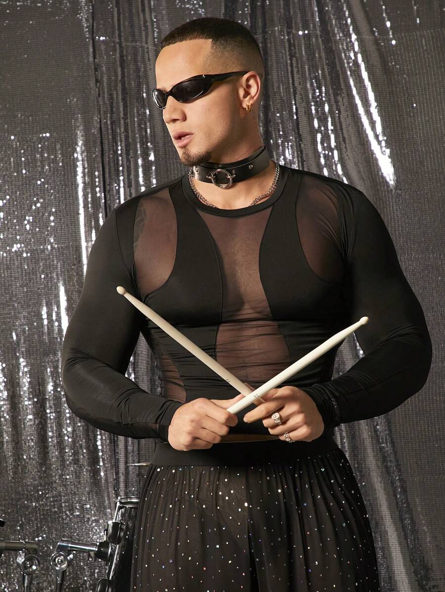 FeverCity Men's Mesh Splice Tight Fit Crew Neck Long Sleeve T-Shirt - Black - View 1