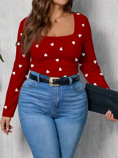 EMERY ROSE Camiseta de cuello de barco de corte holgado con estampado de corazones minimalista casual, tallas grandes para el Día de San Valentín