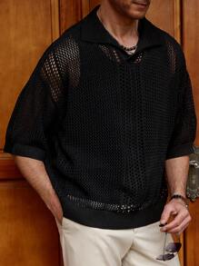 Manfinity Homme Men's Solid Color Hollow-Out Casual Knit Top Short Sleeve - Multicolor - View 4