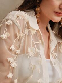 Anewsta 女士优雅杏色半透明 3D 花卉领衬衫，适合情人节、度假、新年、夏季海滩 - 杏色 - 查看 5