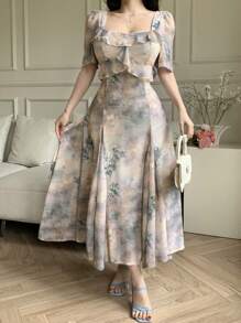 DAZY Vestido midi con mangas abullonadas, volantes en el bajo y estampado floral bohemio, vestido de verano elegante