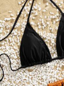 Women 3pcs Beach Outfit Set, Simple Solid Color Halter Bikini And Drawstring Shorts, Textured Fabric For Summer Beach Vacation - Black - View 5