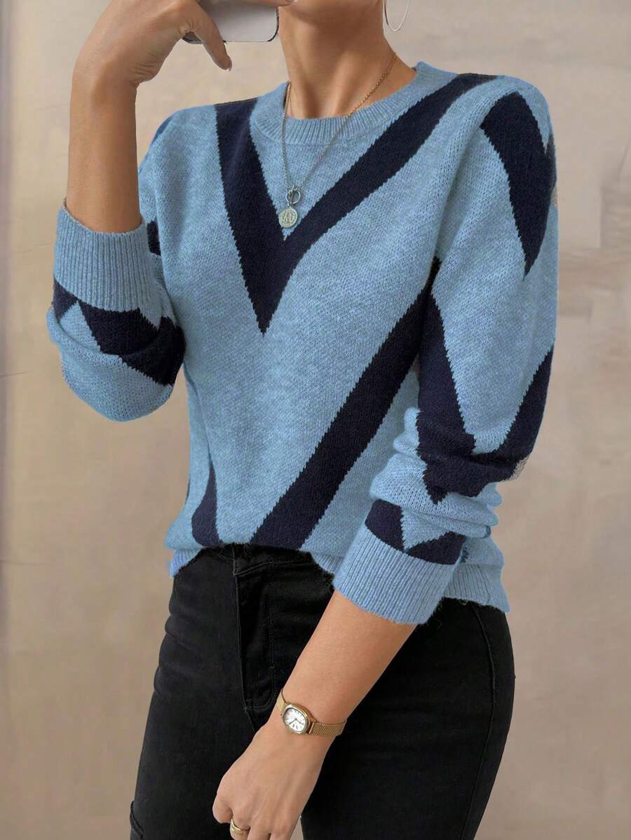 SHEIN LUNE 2024 Autumn/Winter New Arrival Geometric Striped Pullover Sweater - Multicolor - View 1