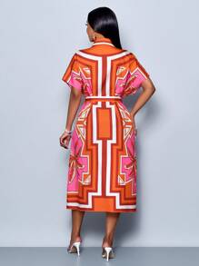 SOLERSUN Women's Patchwork Printed Dolman Sleeve Midi Dress With Waist Tie, Casual Resort Style