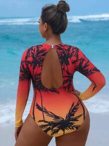 Swim SPRTY Summer Plus Size Women Tropical Plant & Coconut Tree Gradient Color Printed Hollow Back Long Sleeve Bodysuit, Surfing Sports - Multicolor - View 2