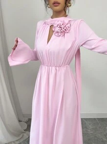 SHEIN Unity 女士优雅纯色 3D 花卉荷叶边袖系带中长连衣裙 - 粉色 - 查看 3