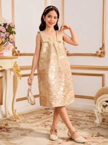 青少年女孩连衣裙 - 无袖领口金色锦缎斋月斋月长袍，适合模特青少年女孩，将俏皮优雅的设计与奢华的面料相结合，花童连衣裙 - 金色 - 查看 1