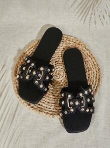 SHUZIA Nya kvinnors Oran Black Color H Cut-Out Fashionabla platt sandal vårskor - Svart - Visa 1