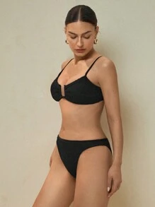 SHEIN Swim Conjunto de bikini de moda con textura de unicolor separado para mujer, ideal para el verano y la playa - Negro - Ver 6