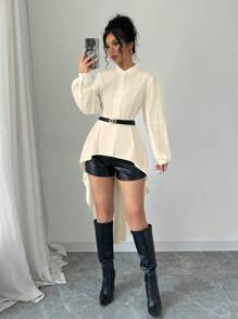 Elenzga 高低立领前开 A 字形荷叶边泡泡袖长衬衫