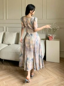 DAZY Vestido midi con mangas abullonadas, volantes en el bajo y estampado floral bohemio, vestido de verano elegante