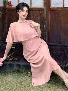 DAZY 女士花卉印花中长连衣裙，带荷叶边下摆舞会礼服，女士正式连衣裙 - 粉色 - 查看 7