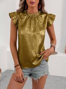 SHEIN LUNE Metallic Round Neck Ruffle Edge Decor Loose Fit Shirt For New Year Holiday Party Clothes - Gold - View 1