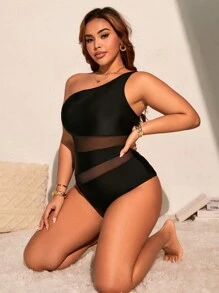 SHEIN Swim Curve Plus Size Women 1pc Solid Color Mesh Splice Asymmetric Tight Fit Swimsuit For Summer Beach Vacation - Black - View 5