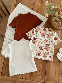 LMoss Kids LMoss 3pcs/Set Young Girl Knitted Solid Color & Ditsy Floral Pattern Fitted Casual T-Shirt - Multicolor - View 2