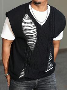 Manfinity LEGND Chaleco de punto casual minimalista con cuello en V y diseño desgastado para hombres de talla grande