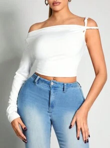 Zolique Femmes Top style couleur unie à col asymétrique, manches longues, taille courte et ajusté