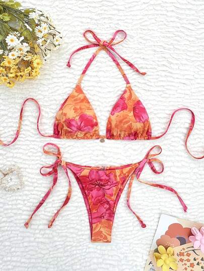 Swim Mod Women's Floral Print Halter Neck Back Tie Bikini Top And Bottom Swimwear Set, Random Print, For Summer Beach Vacation