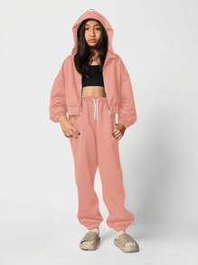 SUMWON Cozy Full Zip Hoodie Jacket With Elastic Waistband Athletic Sweatshirt For Wear Workout Casual Wear With Kangaroo Pockets Fall Winter Season - Coral Pink - View 5