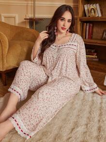 Retro Ditsy Floral Print Plus Size Pajama Set With Contrast Satin Trim - Multicolor - View 3