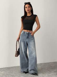 SHEIN Unity Women's Fashion Mesh Patchwork Solid Color Cap Sleeve Short Sleeve Round Neck T-Shirt - Black - View 5