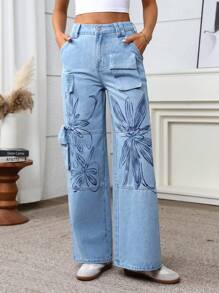 TrendSteals 女士花卉印花工装口袋宽腿宽松休闲牛仔裤 - 藍色 - 查看 6