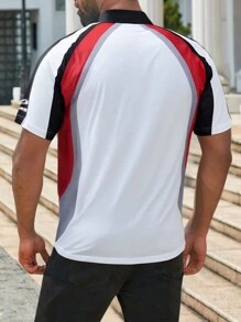 Manfinity Homme Plus Size Men's Solid Color Patchwork Button-Front Short Sleeve Letter Print Polo Shirt - Multicolor - View 2