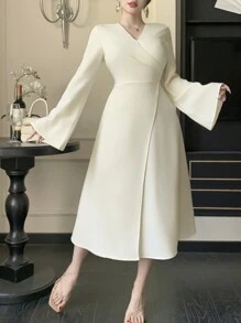 DAZY Women's Solid Color V-Neck Flare Sleeve Tie-Up Mid-Length Dress, Elegant For Wedding Guest Attire, Spring/Fall Prom Dress Elegant,Back To School Clothes Long Sleeve Dress - Beige - View 8