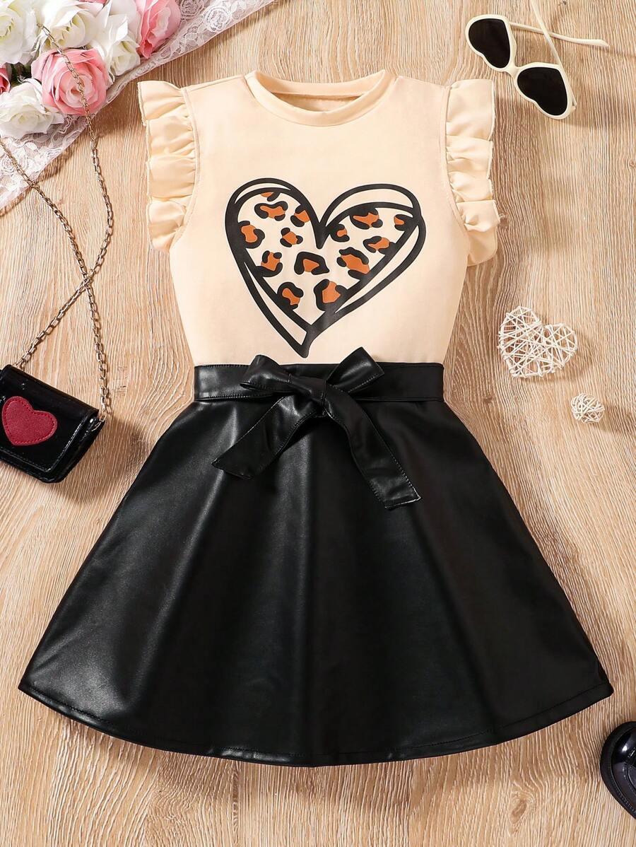 SHEIN 2 Pieces Set Tween Girls Crew Neck Heart Print Simple Top And Skirt - Multicolor - View 1