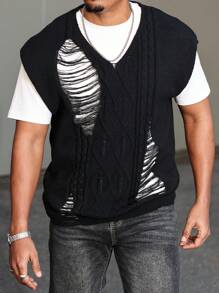 Manfinity LEGND Chaleco de punto casual minimalista con cuello en V y diseño desgastado para hombres de talla grande
