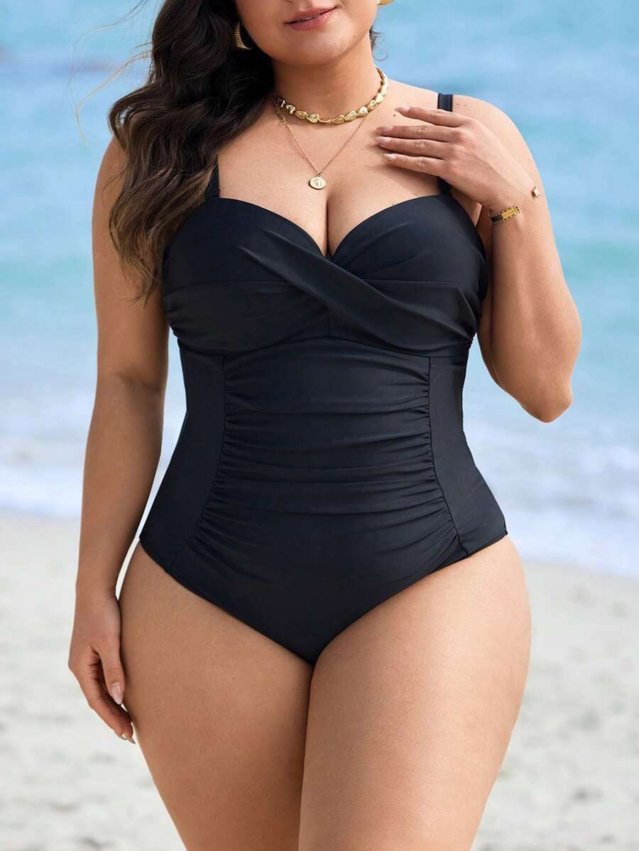 Swim Lushoire 大码女式纯色交叉腰部褶皱优雅连体泳衣，适合泳池和海滩度假村，适合夏季度假 - 黑色 - 查看 1