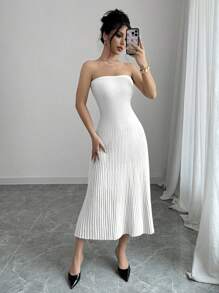 Selianne 女士纯色抹胸紧身长款针织连衣裙 - 白色 - 查看 5