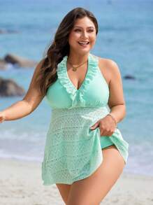 Swim Lushoire Plus Size Women's 2 Pieces Solid Color Lace Sexy Halter Backless High Waisted Tummy Control Swim Dress For Beach Pool, For Summer Vacation - Green - View 6