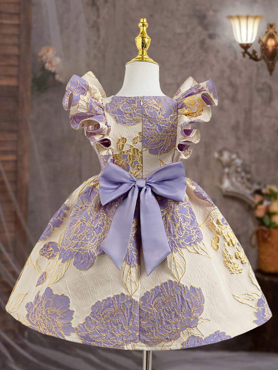 年轻女孩蝴蝶结装饰拉链后背简约优雅连衣裙 - 紫色 - 查看 1