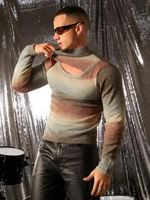 FeverCity Jersey de manga larga con cuello alto, efecto degradado y calado, de uso casual diario para otoño e invierno para hombres - Multicolor - Ver 1