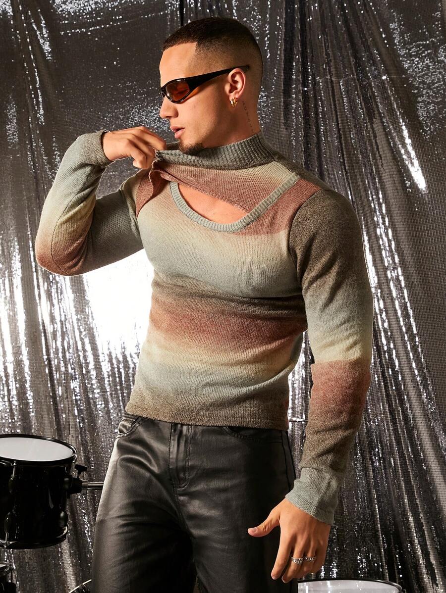 FeverCity Jersey de manga larga con cuello alto, efecto degradado y calado, de uso casual diario para otoño e invierno para hombres - Multicolor - Ver 1