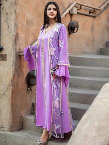 Layrah Elegant Long Sleeve Simple Lace Patchwork Purple Embroidery 2 Pieces Set, Modest Kaftan - Purple - View 3