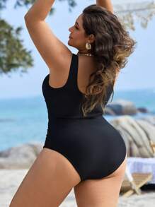 Swim Lushoire Damen Große Größen Einteiliger Badeanzug in Unifarbe mit Ausschnitt vorne, Taillengatherung, geeignet für Sommer Strandurlaub