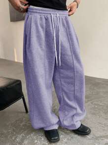 Manfinity Homme Men's Solid Color Front Tie Simple Loose Casual Sweatpants, Everyday Wear