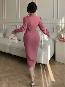DAZY Plain Textured Button-Up Midi Dress With Gathered Waist And Side Slit For Women,Fall Dress Long Sleeve Dress - Hot Pink - View 2