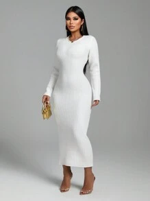 Zolique 冬季女装修身款白色露背毛衣裙长袖休闲圆领毛衣裙 - 白色 - 查看 3