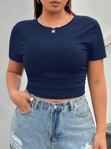 SHEIN EZwear Camiseta sencilla de cuello redondo y manga corta de unicolor talla grande, casual para uso diario