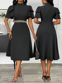 Lyxana Vestido evasé de mujer elegante con cuello redondo, cintura entallada, doble capa de volantes en las mangas y unicolor