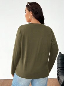 Solflare Plus Size Solid Color Crew Neck Long Sleeve Casual Top - Army Green - View 2
